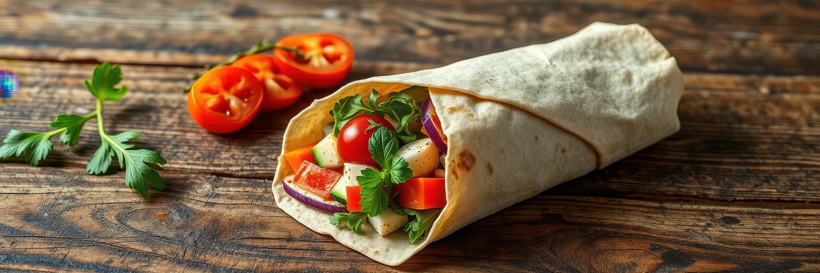 Fresh vegetable wrap with tomatoes and cilantro on a rustic wooden table